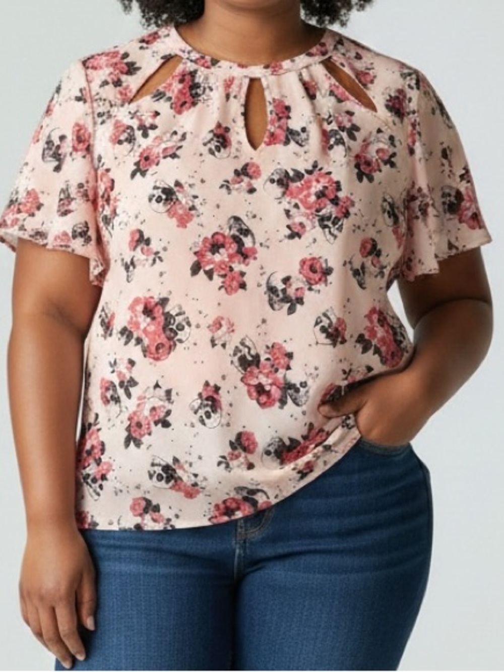 Torrid Blush Floral Skull Keyhole Short Sleeve Blouse
